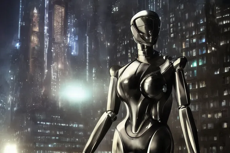 Image similar to VFX movie closeup of a gorgeous futuristic robot woman in black spandex armor in future city, hero pose, beautiful skin, city night lighting by Emmanuel Lubezki