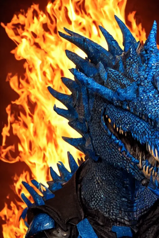 Image similar to a dark blue dragonborn with large tusks, half of his face flaming with blue flame, he wears a black dragon scales armor, studio shot