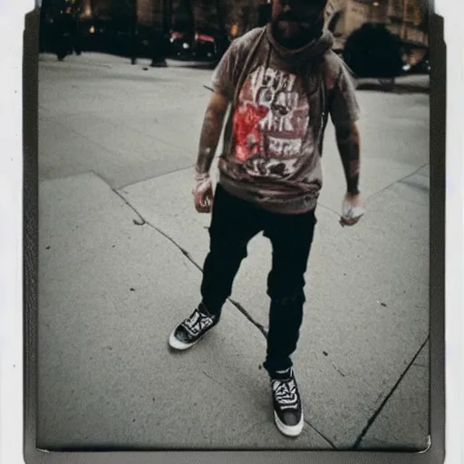 Image similar to a zombie walking through chicago wearing streetwear, polaroid photograph