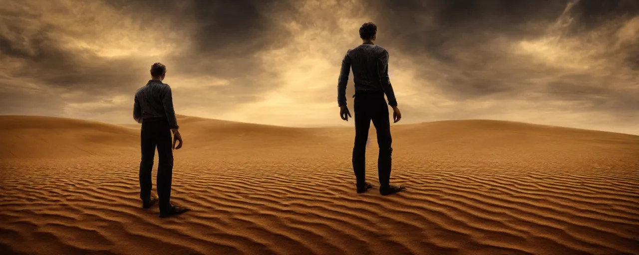 Image similar to a man stands upon the sands of time