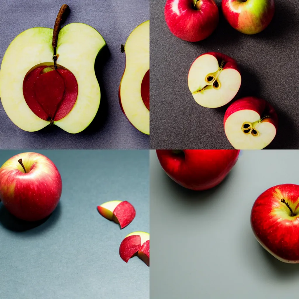 Prompt: an apple cut into two equal-sized pieces, one piece is red and one is white