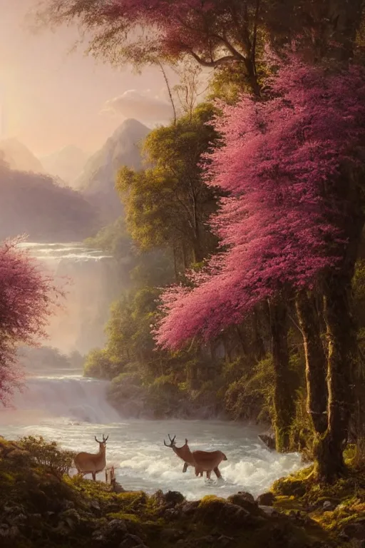 Image similar to the most beautiful panoramic landscape, oil painting, where a giant dreamy waterfall creates a river, the trees around are starting to bloom in pink color, a majestic deer is drinking water from the river and a ray light of the sunset is brightening him, by greg rutkowski