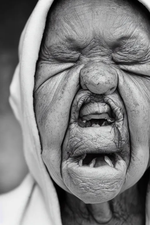 Prompt: Realistic black and white photography with 80 mm f/12 lens of old women with their eyes closed, spitting ECTOPLASMA from their mouth.