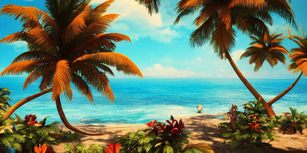 Image similar to the most beautiful tropical island, seashore, flowers, palmtrees, animals, bokeh, godrays, highly detailed, lowbrow, cinematic, artstation