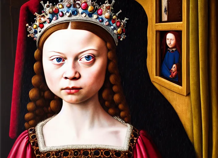 Prompt: closeup profile medieval jan van eyck portrait of greta thunberg as a fairytale princess wearing a crown eating cakes in the castle kitchen, nicoletta ceccoli, mark ryden, lostfish, max fleischer, hyper realistic, artstation, illustration, digital paint, matte paint, vivid colors, bright, cheerful, detailed and intricate environment