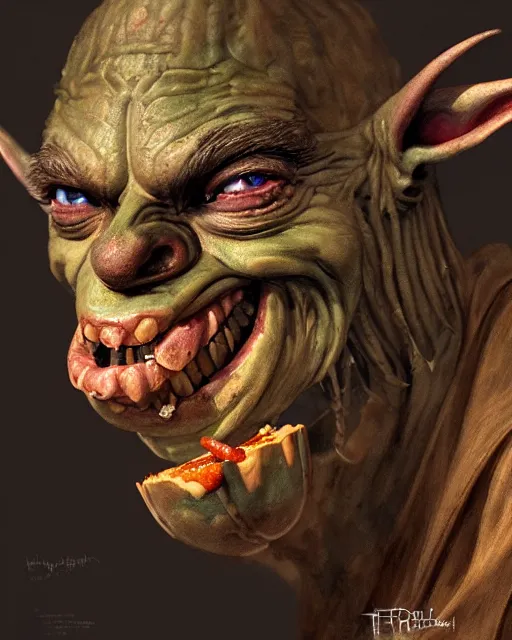 Image similar to closeup profile face portrait of a medieval goblin eating cakes in the cathedral, beautiful face, hyper realistic, highly detailed, digital painting, artstation, illustration, concept art by hyung tae, frank frazetta, bosch, giger, digital paint, matte paint, washed colors, dark, gloomy, detailed and intricate environment