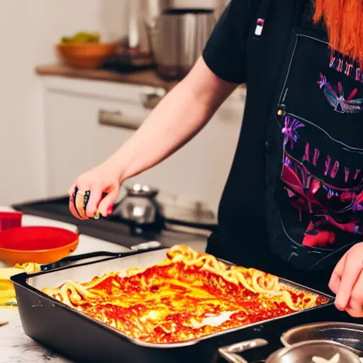 Prompt: hailey williams from paramore cooking lasagna, candid, 4 k