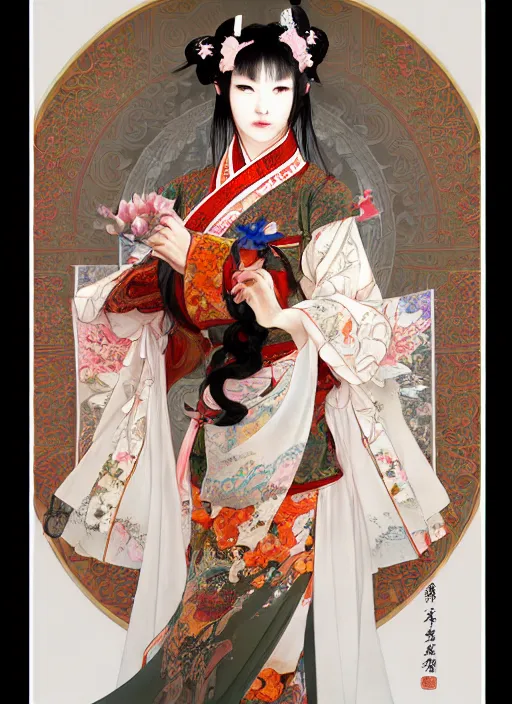 Image similar to portrait of a beautiful nekomimi, decorated with chinese opera motifs, royal, fine china, wuxia, traditional chinese art intricate intense elegant highly detailed digital painting artstation concept art smooth sharp focus illustration, art by ruan jia and zeen chin and alphonse mucha, 8 k