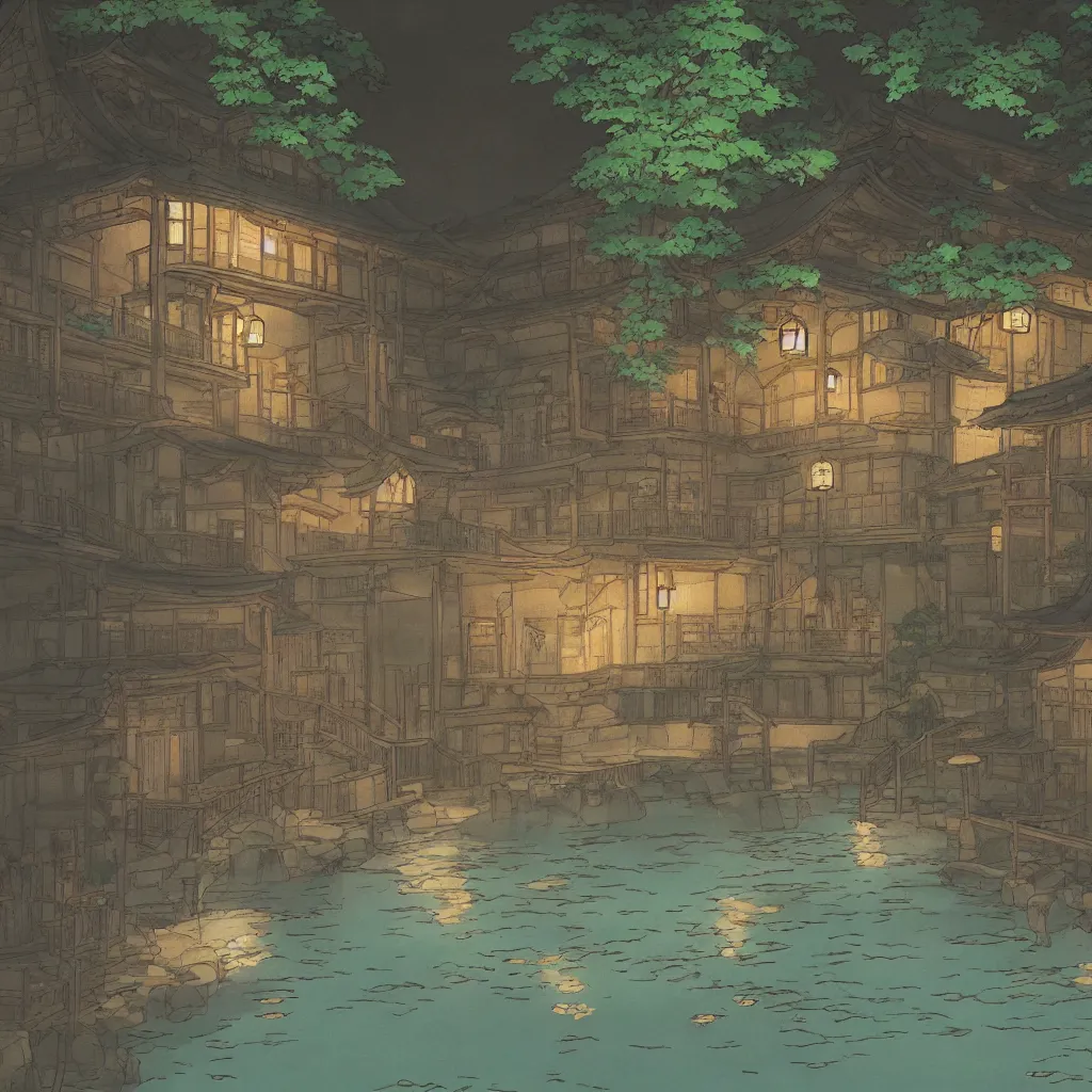 Image similar to Japanese bath house at night (Spirited Away), next to pond, highly detailed, 3D render, digital art, artstation, 8K photography, matte photo-realistic, vivid colors, perspective, by Hayao Ghibli Miyazaki!!!, breath of the wild style