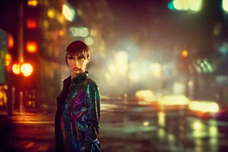 Image similar to VFX movie portrait closeup beautiful blade runner hologram woman natural skin, natural night street lighting in the city alley by Emmanuel Lubezki