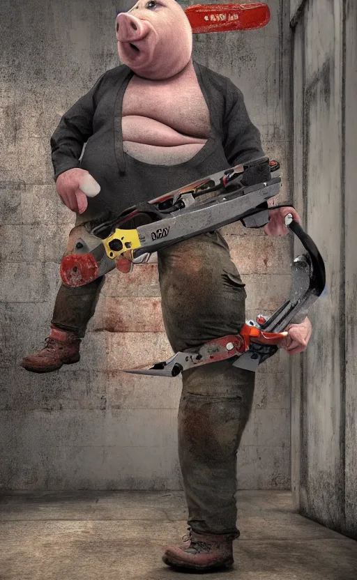 Image similar to fat pig with a human height with a chainsaw in the subway, photo, photorealistic, detailed, 8 k, hdr, high quality, high resolution, lossless quality, lossless, 4 k, 1 6 k