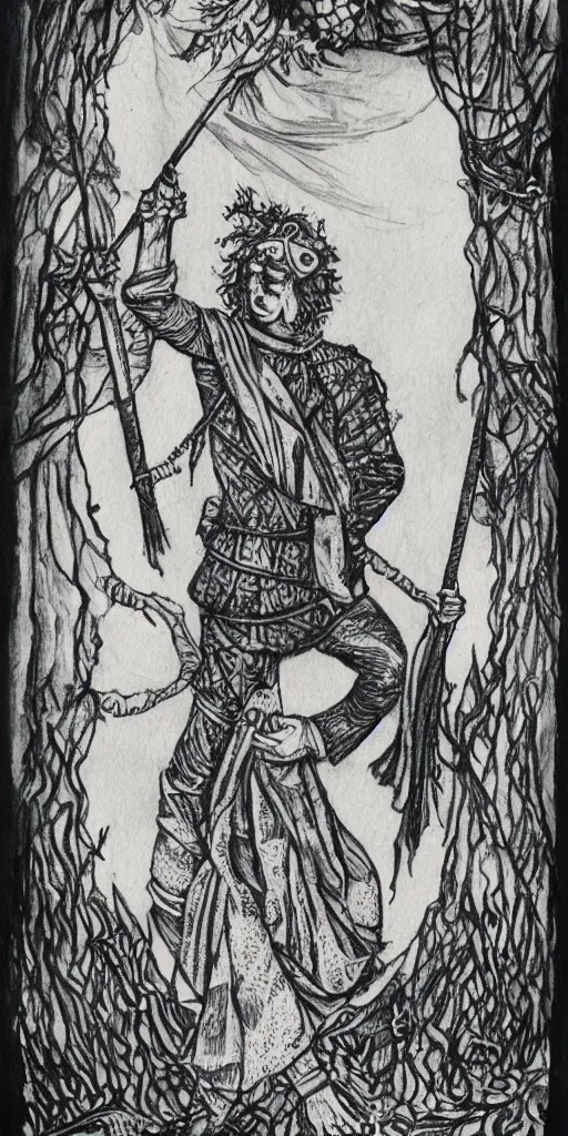 Image similar to The Fool, tarot, black and white ink wash, Sam Webber