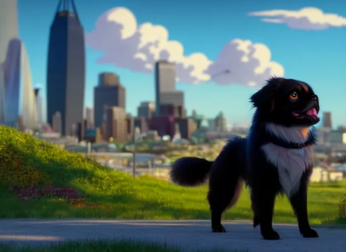 Image similar to a wholesome animation key shot of a black tibetan spaniel, perth city in the background, studio ghibli, pixar and disney animation, sharp, rendered in unreal engine 5, anime key art by greg rutkowski, bloom, dramatic lighting