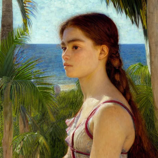 Image similar to a ultradetailed beautiful painting of a girl in the amazonas palace balustrade designed by jules bastien - lepage, tarsila do amaral, frank weston and gustave baumann, beach, trending on artstation, mediterranean, palm trees, hyper detailed face, sharp focus, soft light, 8 k 4 k