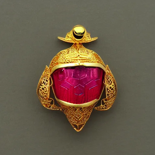 Prompt: a beautiful gold filigree and ruby scarab