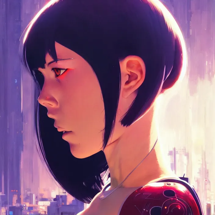 Image similar to side portrait of cyborg girl | | head and shoulders only, audrey plaza, fine detail!! anime!! realistic shaded lighting!! poster by ilya kuvshinov katsuhiro otomo ghost - in - the - shell, magali villeneuve, artgerm, jeremy lipkin and michael garmash and rob rey