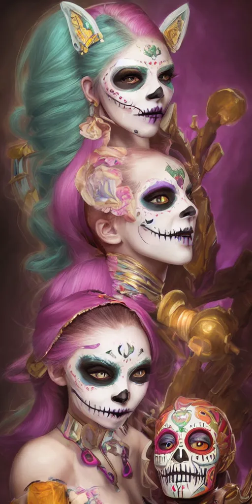 Prompt: uhd portrait photography mirror of jinx and teemo from league of legends with her face painted as in the dia de los muertos, coherent portraits, mmorpg fantasy, intricate, elegant, highly detailed, digital painting, trending on artstation, hdr photo, smooth, sharp focus, illustration, art by artgerm and greg rutkowski and alphonse mucha