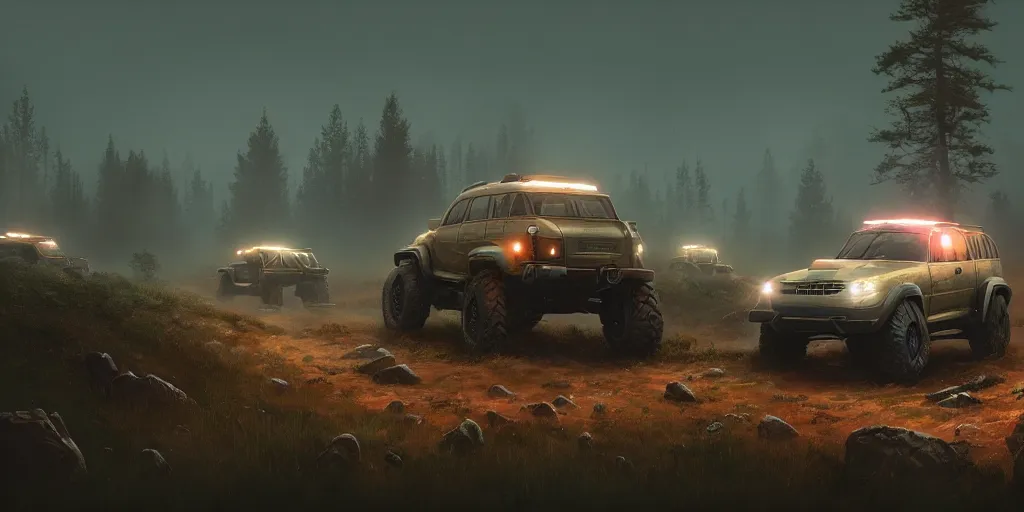 Image similar to a beautiful concept offroad suv, an epic fantasy, dramatic lighting, cinematic, establishing shot, extremely high detail, photorealistic, cinematic lighting, artstation, by simon stalenhag, midsommar