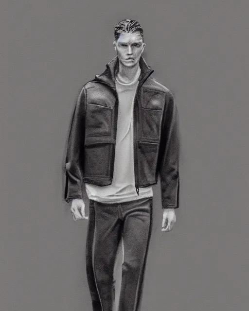 Prompt: rough charcoal sketch of a male model wearing a cropped baggy menswear moto jacket by alexander mcqueen, 4 k, astonishing detail, studio lighting, wide angle lens