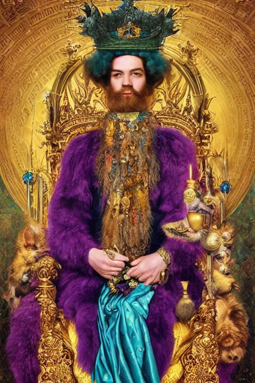 Prompt: “A majestic portrait of Kosmo Kramer with a crown sitting in a gold throne,johannes voss,titian, Tom Bagshaw, Sam Spratt, maxfield parrish, gustav klimt , cinematic, hyper realism, high detail, 8k, intricate, gold green and purple colors”