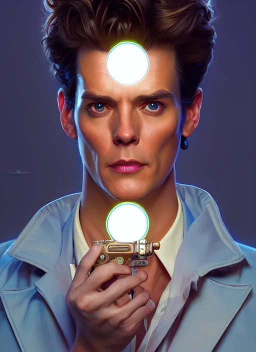 Image similar to symmetry!! portrait of ace ventura pet detective, chemisty, sci - fi, glowing lights!! intricate, elegant, highly detailed, digital painting, artstation, concept art, smooth, sharp focus, illustration, art by artgerm and greg rutkowski and alphonse mucha, 8 k