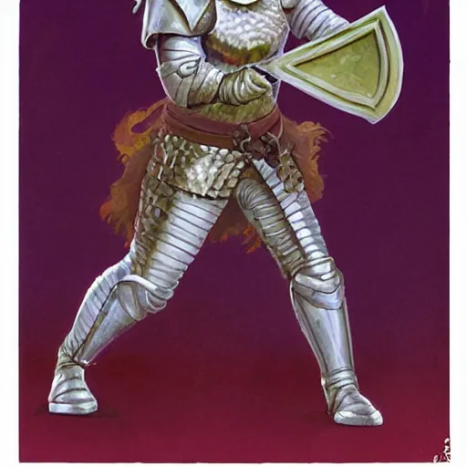 Image similar to beverly toegold, epic level dnd male halfling nature paladin, wielding the holy avenger sword, wearing magical gleaming chainmail armor. full character concept art, realistic, high detail digital gouache painting by angus mcbride and michael whelan and jeffrey jones