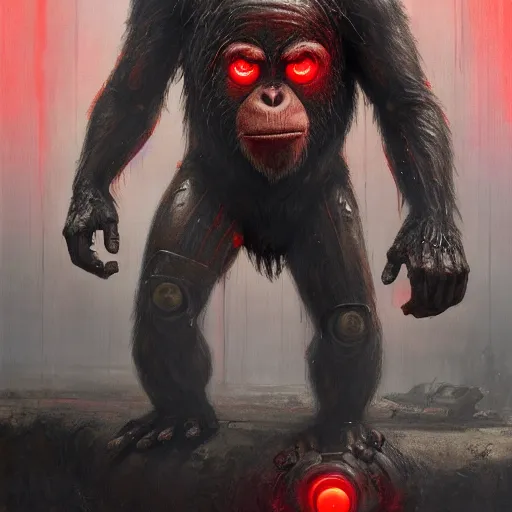 Prompt: a biomechanical cyborg ape from planet of the apes, with one red glowing eye sitting on top of a tank, hero character art, scars, by chris leib and greg rutkowski and android jones in a dark fantasy cyberpunk!! style, oil on canvas, h.r. giger, volumetric lighting, 8k, hd.