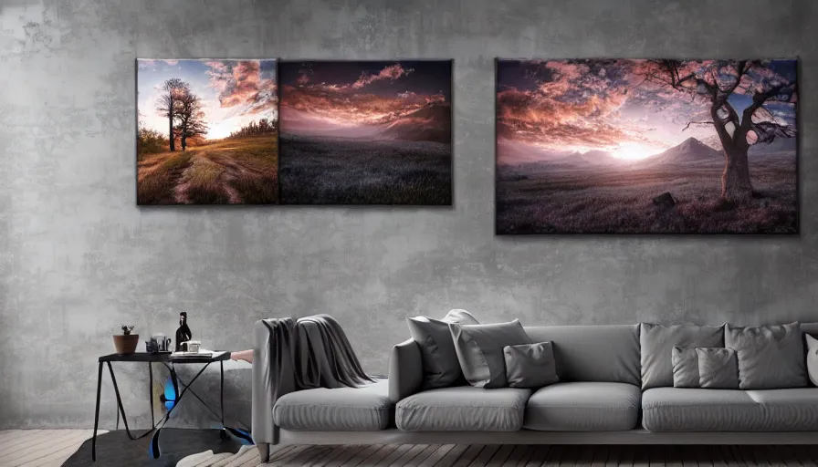 Prompt: photos of landscapes covering the walls, robotic hands painting natural landscapes on canvas, cinematic lighting, 4 k