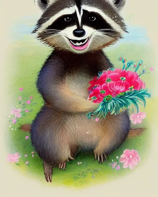 Image similar to a watecolor painting of a smiling happy cute raccoon wearing a flower crown, by antoine de saint - exupery and annabel kidston and naomi okubo and jean - baptiste monge. a child storybook illustration, muted colors, soft colors, low saturation, fine lines, white paper