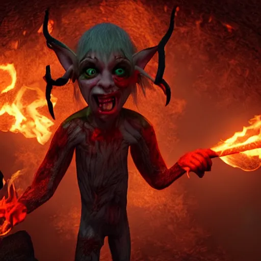 Image similar to a cute, enraged elf with violent skin reflecting a fiery scene, a scarred face, a bob haircut, and bushy eyebrows, grinning, with hell aflame behind them, in the style of gary frank and rafael albuqurque, rendered in unreal engine