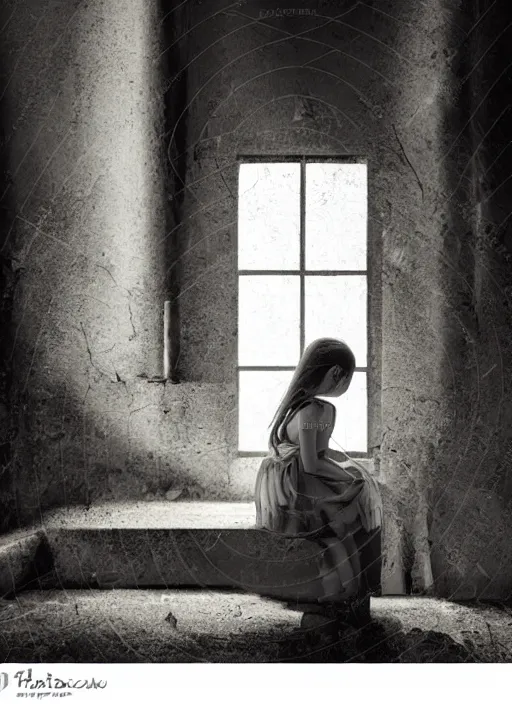 Image similar to a photograph of a sad lonely little girl sitting facing away from the camera at the center of a large dilapidated broken down majestic cathedral with broken tiles, canon 5 0 mm lens, hyper realistic, night, very backlit, dark and moody, cinematic lighting