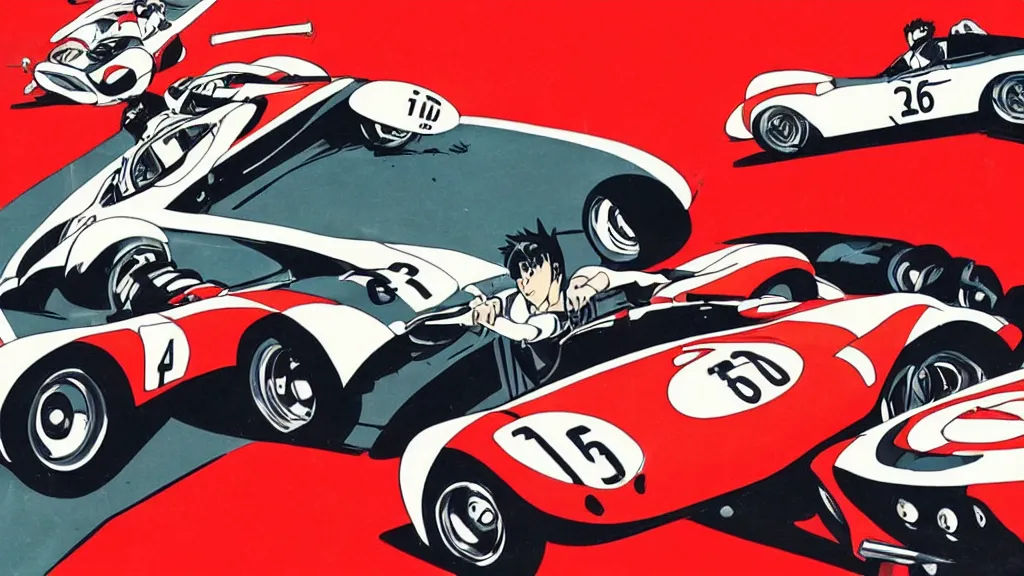 Prompt: 1960's race cars, style of red line anime movie, centered