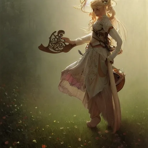 Image similar to elf fairy blond with a beautiful face, holding a lute, wearing a cardigan, highly detailed, intricate, digital painting, artstation, sharp focus, illustration, art by jakub rozalski, greg rutkowski, artgerm, tan zi and ayanamikodon and alphonse mucha and wlop