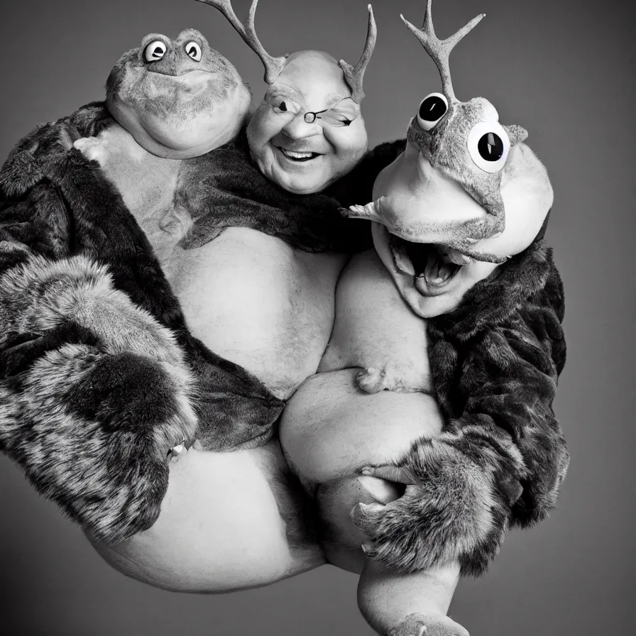 Prompt: rare classified photo, black & white, studio lighting, a tall very fat frog with antlers, laughing, real fur, real skin