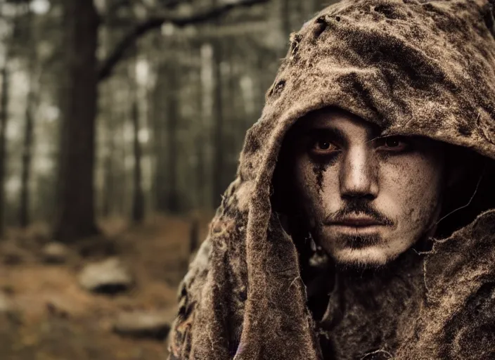 Prompt: character and environment photography, portrait 2 0 - year - old male druid, biomechanical eye!!!, tattered hood and robe, infested bear!!! standing, medium shot, wide angle, 2 0 0 px, low key
