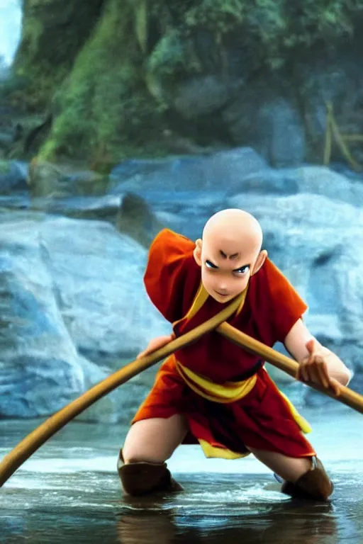 Prompt: close up still shot of aang learning to water bend in a river, from the live action movie the last airbender, 3 5 mm, highly detailed, dynamic lighting