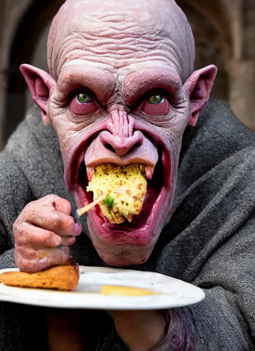 Image similar to closeup portrait of a medieval goblin eating cakes in the cloisters, depth of field, zeiss lens, detailed, symmetrical, centered, fashion photoshoot, by Annie Leibovitz and Steve McCurry, David Lazar, Jimmy Nelsson, Breathtaking, 8k resolution, extremely detailed, beautiful, establishing shot, artistic, hyperrealistic, beautiful face, octane render