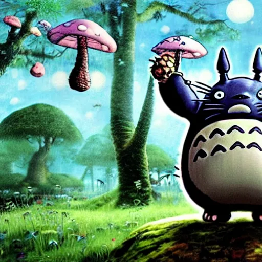 Image similar to totoro tripping on shrooms in wonderland, intricate detail, royo, klimt, miro, vallejo, frazetta, giger, whealan, hd, unreal engine,