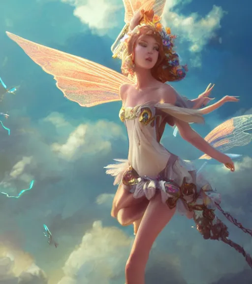 Image similar to fairy full body flying high to the sky, highly detailed, trending on Artstation, Unreal Engine 4k, cinematic wallpaper by Stanley Artgerm Lau, WLOP, Rossdraws, James Jean, Andrei Riabovitchev, Marc Simonetti, and Sakimichan