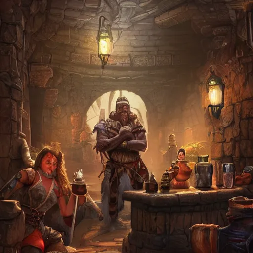 Image similar to A Kender, a Gully Dwarf and a Gnome all walked into a bar in the Lost City of Kharoshe, oil painting, insanely detailed, Larry Elmore, Greg Rutkowski, Charlie Bowater, Fantasy Art, Dungeons and Dragons, Dragonlance Illustration, unreal 5, DAZ, hyperrealistic, octane render, RPG portrait, dynamic lighting, fantasy art, beautiful face