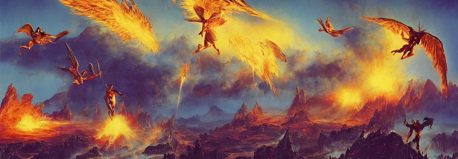 Prompt: an epic and awe-inspiring bruce pennington digital art landscape painting of Icarus crashing and burning while his father Daedalus looks on in disbelief