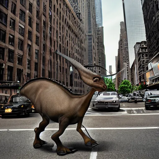 Image similar to realistic photograph of a parasaurolophus in the middle of a busy street new york, depth of field, macro photography