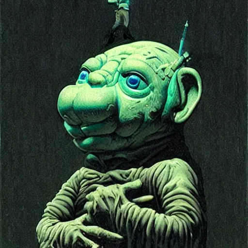 Image similar to boglin toy by beksinski, banksy and tristan eaton, dark neon trimmed beautiful dystopian digital art