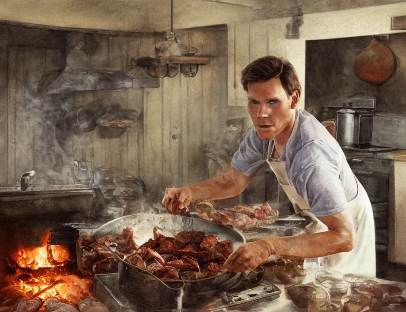 Image similar to jerma 9 8 5 cooking meat in a kitchen in country house, cottage core, cinematic focus, polaroid photo bleached vintage pastel colors high - key lighting, soft lights, foggy, by steve hanks, by lisa yuskavage, by serov valentin, by tarkovsky, 8 k render, detailed, oil on canvas