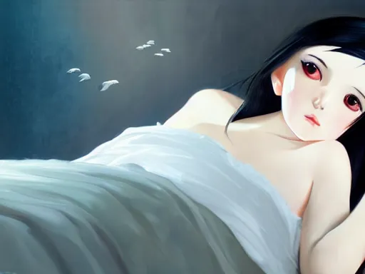 Image similar to animated little girl with an long black hair dressed in a simple white dress sitting in bed, anime art style, digital art ilya kuvshinov, inspired by balthus, hd, 4 k, hyper detailed, dark, anatomically correct, angelic face, perfect composition