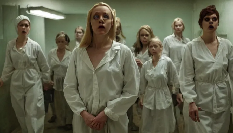 Prompt: Horror movie set in a darkly lit asylum, where the nurses are part of a satanic cult