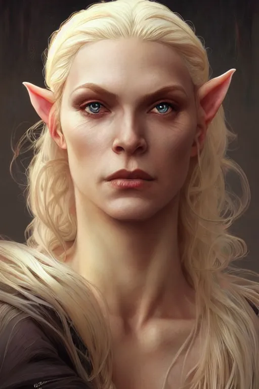 Image similar to portrait of an old blonde elven mage, dark, piercing eyes, gentle expression, elegant clothing, photorealistic, highly detailed, artstation, smooth, sharp focus, art by michael whelan, artgerm, greg rutkowski and alphonse mucha