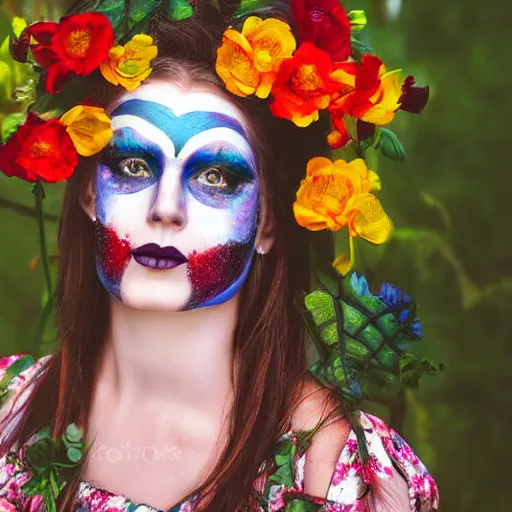 Image similar to stunning portrait photograph of a beautiful woman with her face painted. face painting of beautiful flowers. rich colors.