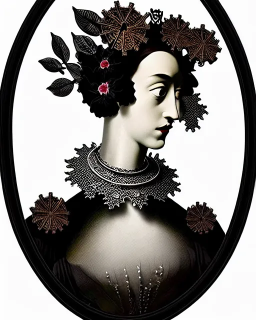 Image similar to masterpiece monochrome profile portrait painting, dutch masters, silver lace floral steampunk biomechanical beautiful one techno eye young female cyborg, big monocular, volumetric light, leaves foliage and stems, hibiscus flowers, by man ray, rim light, big gothic fashion pearl embroidered collar, 8 k