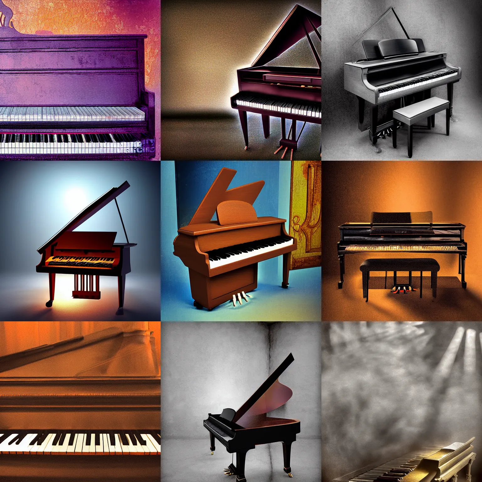 Prompt: a piano melted by heat high detail photograph fantasy volumetric light